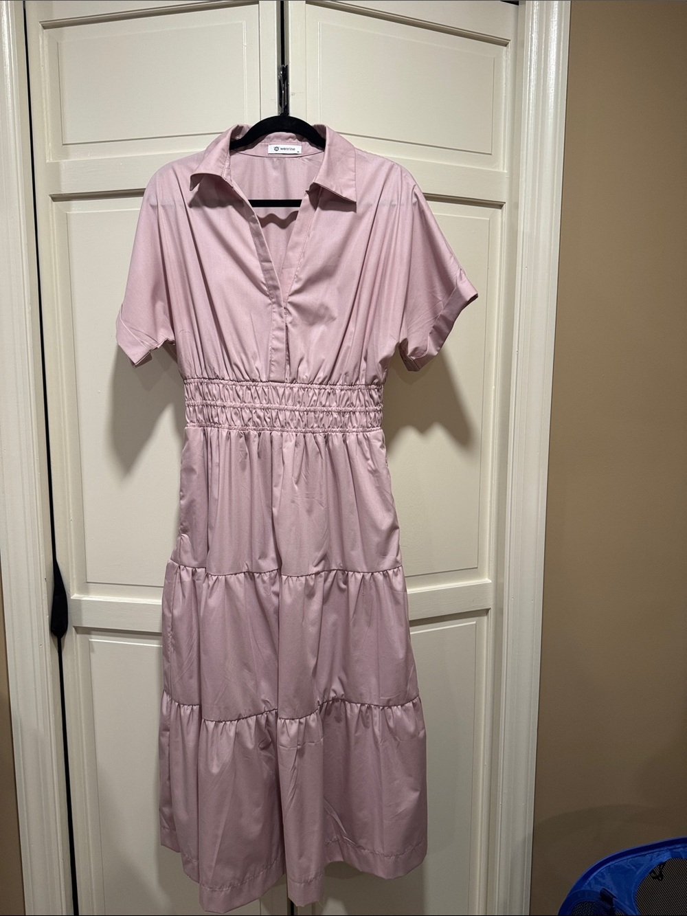 Collared Shirred-Waist Midi Dress in Soft Pink